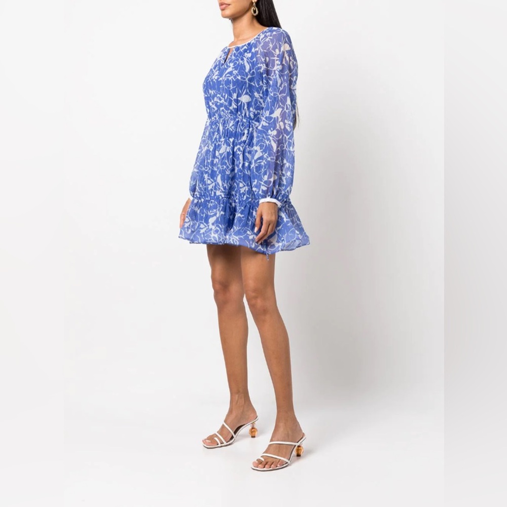 Jonathan Simkhai Blue Floral Harlow Tiered Long-Sleeve Mini Dress - Picture 3 of 6